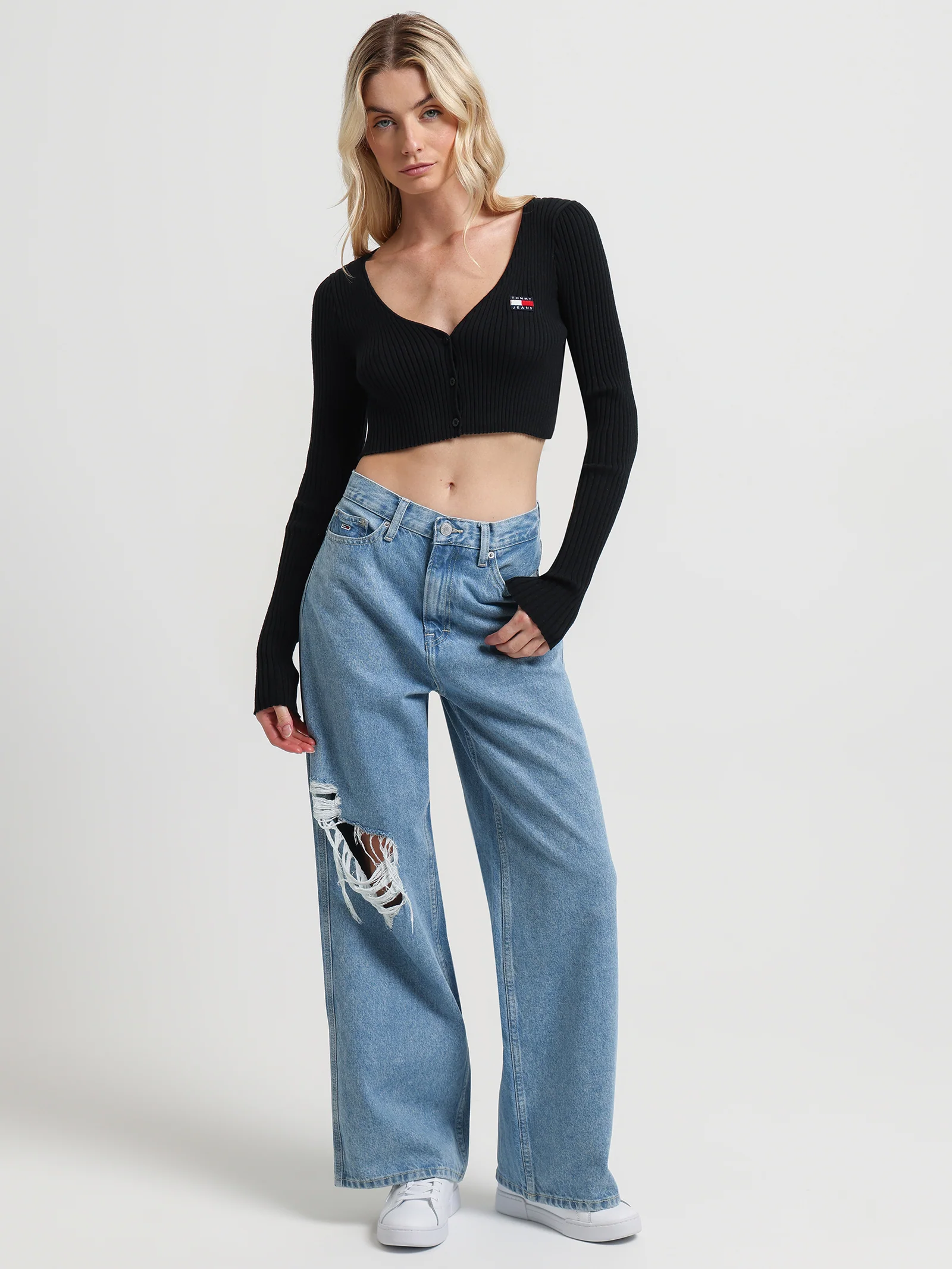 Badge Rib Knit Cropped Fit Cardigan - Image 2