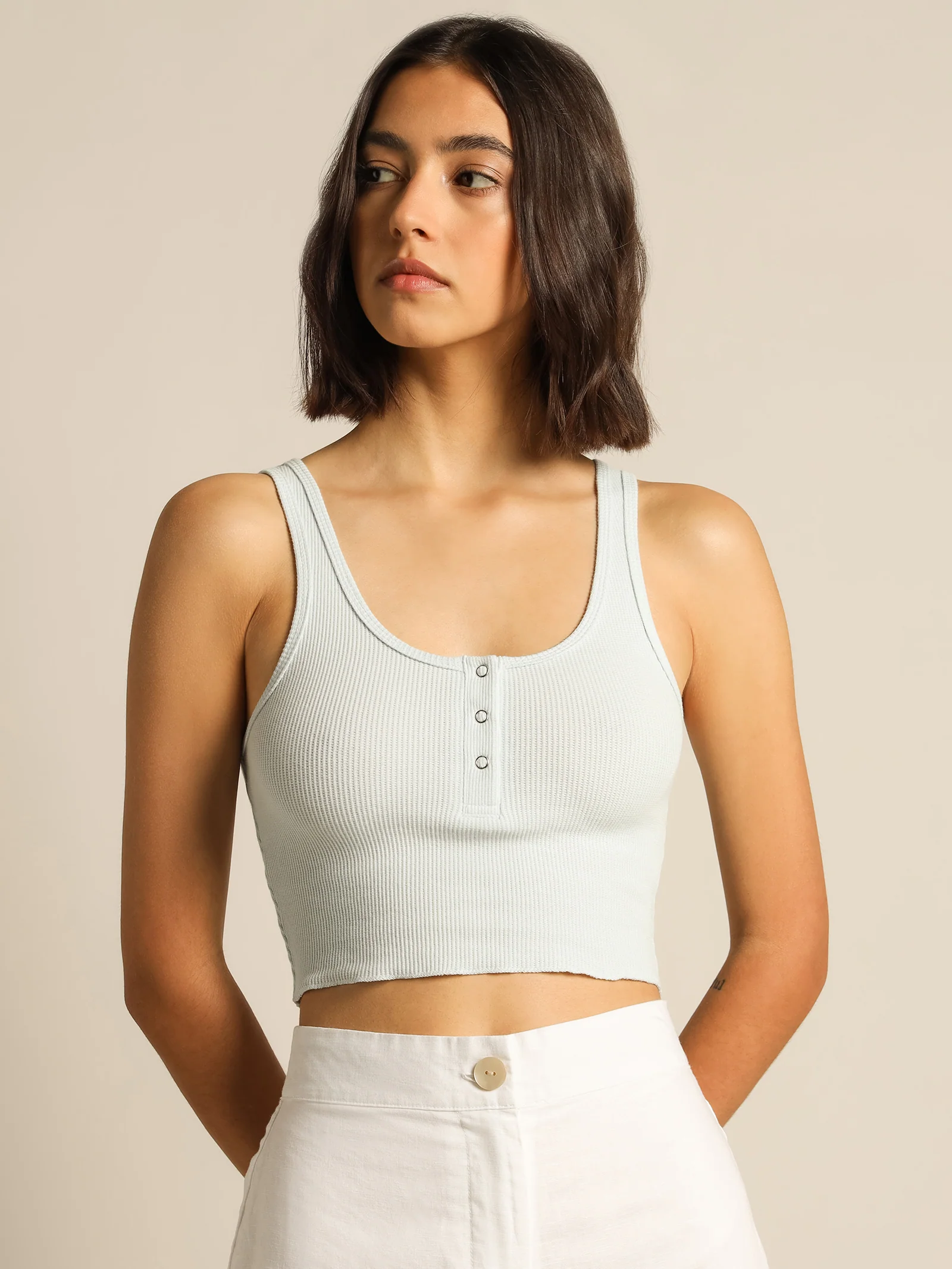 Jade Button Front Waffle Tank