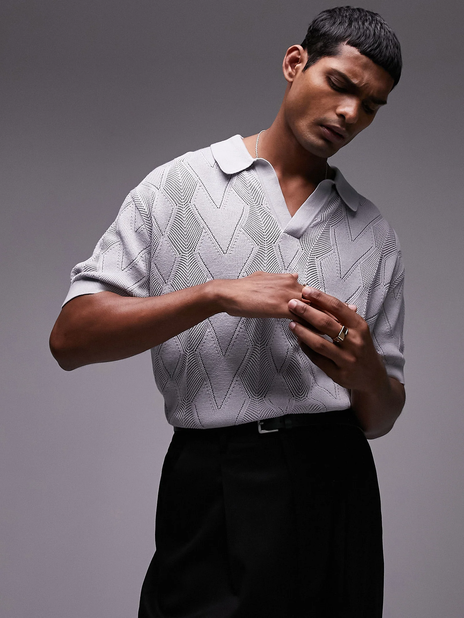 Knitted Diamond Pattern Pointelle Polo