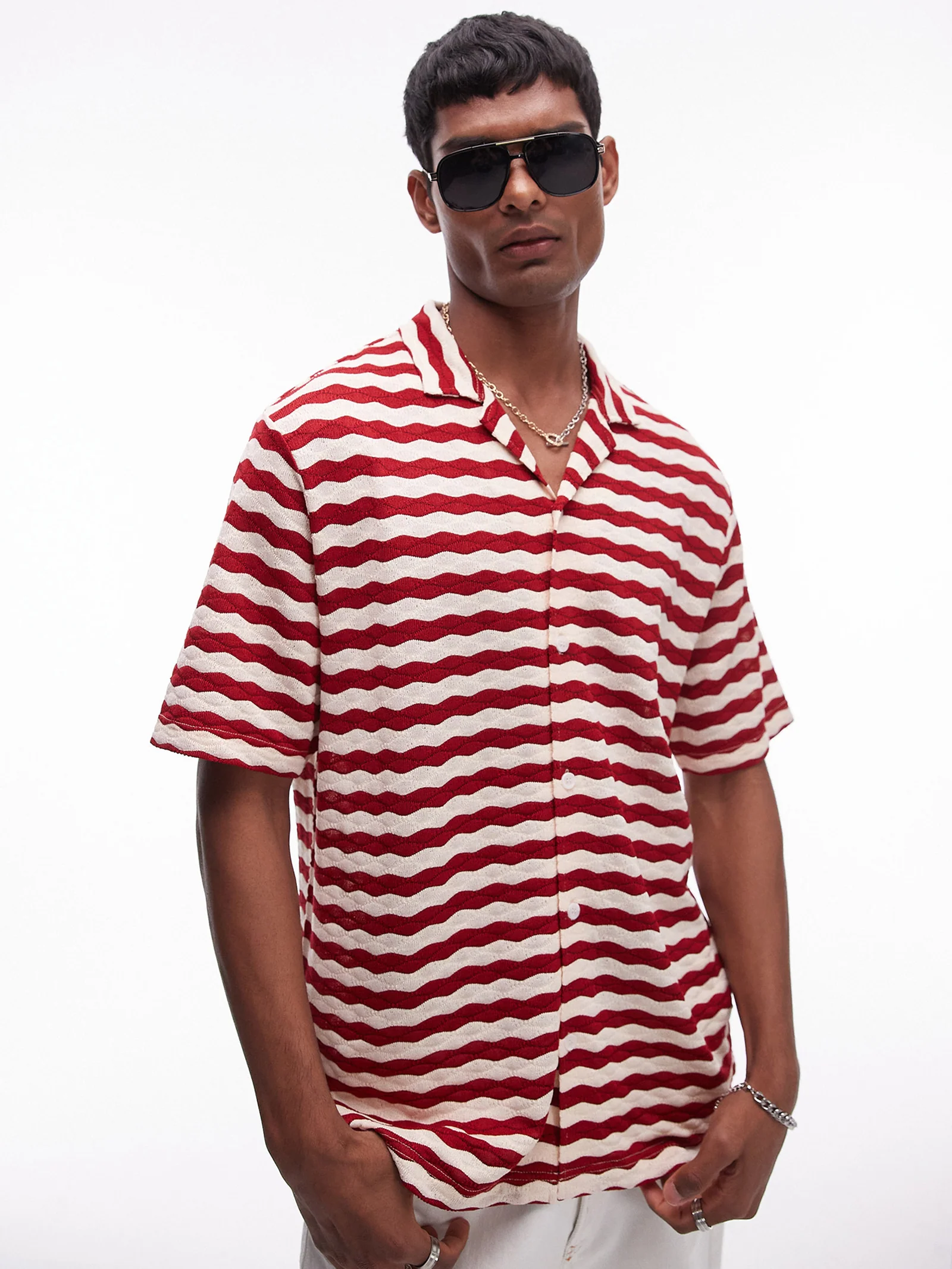 Short Sleeve Stripe Crochet Holiday Shirt