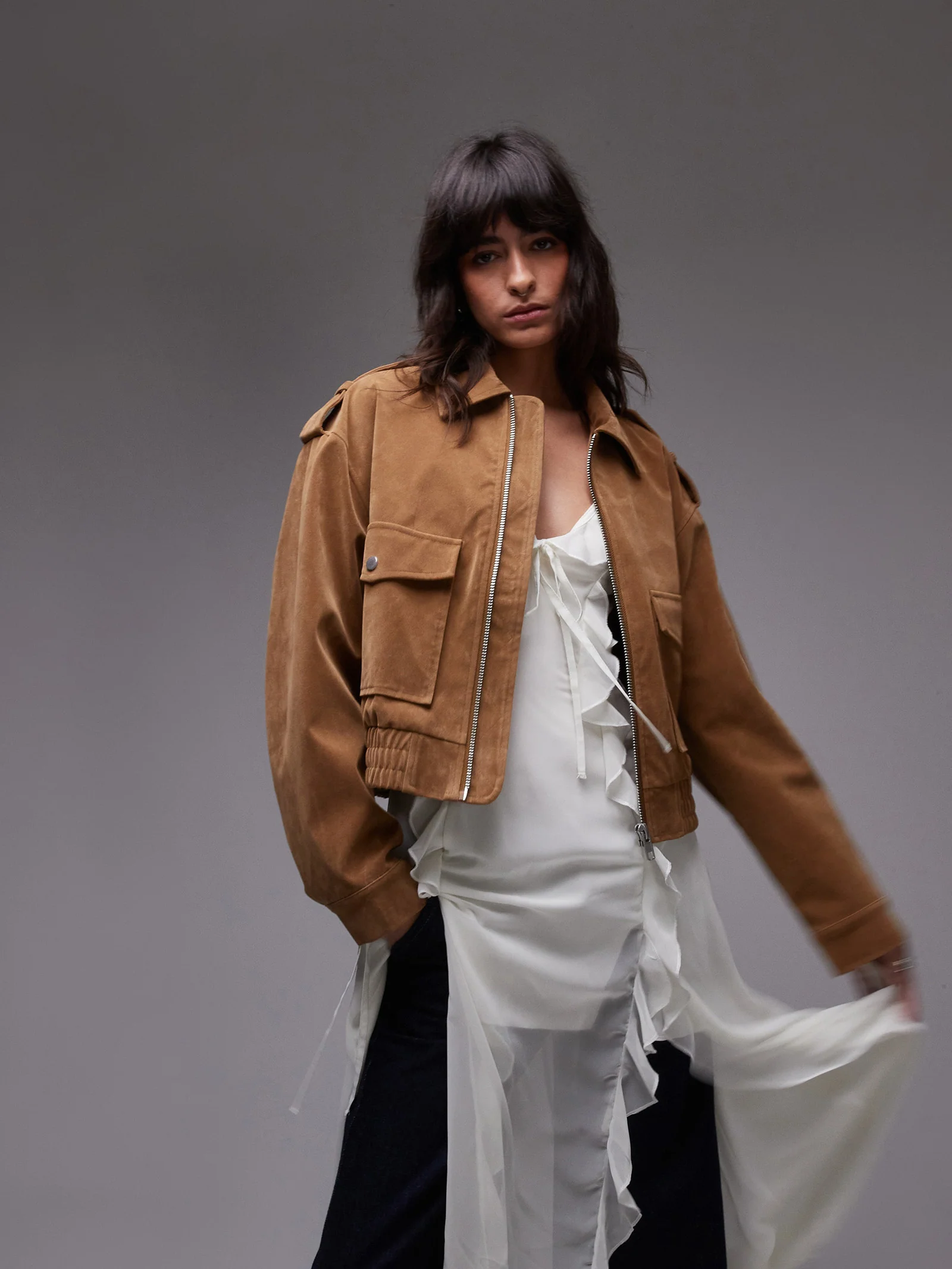 Cropped Suede Bomber Jacket