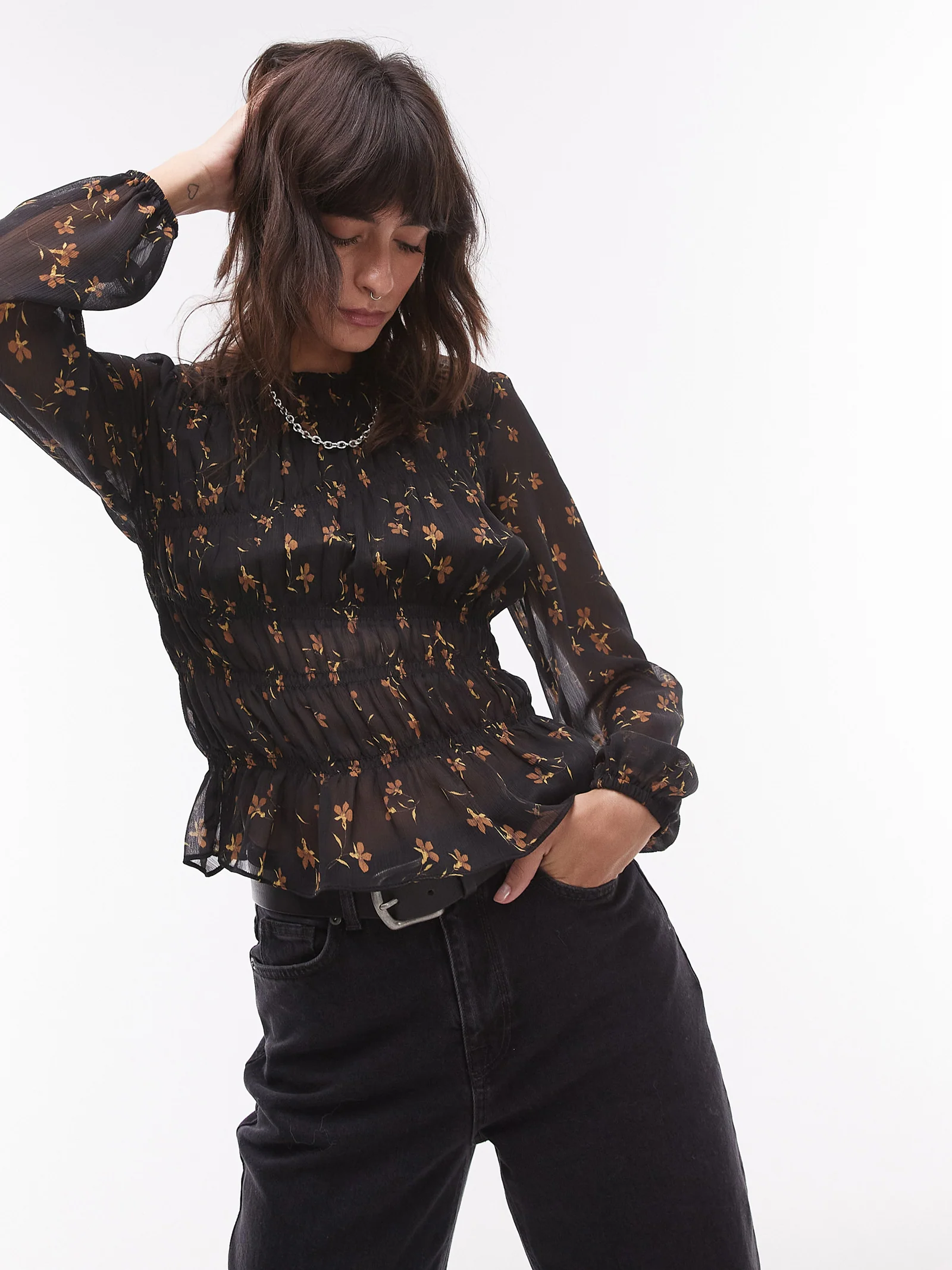 Shirred Top in Black Ditsy