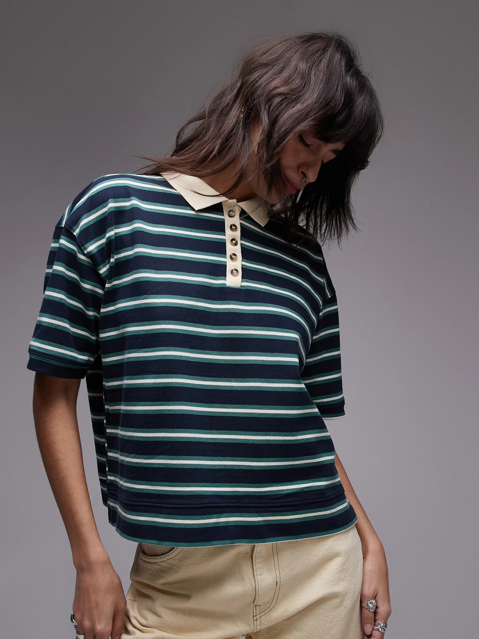 Stripe Boxy Short Sleeve Polo